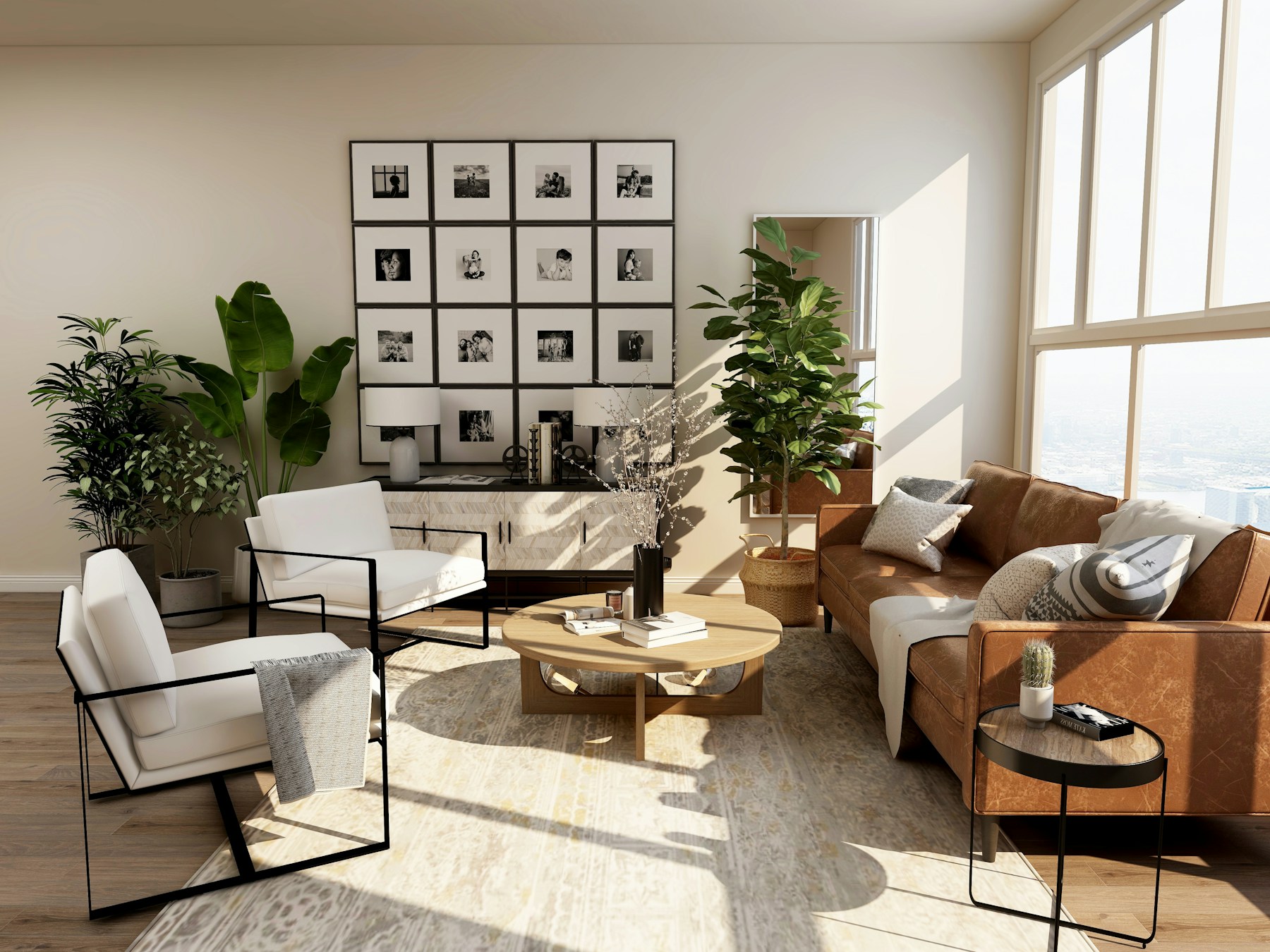 Warm living room with natural timber and soft neutral furniture