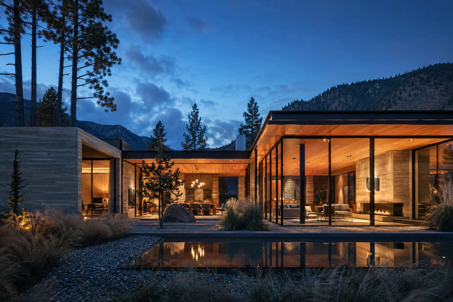Modern residence with glass walls and warm evening light