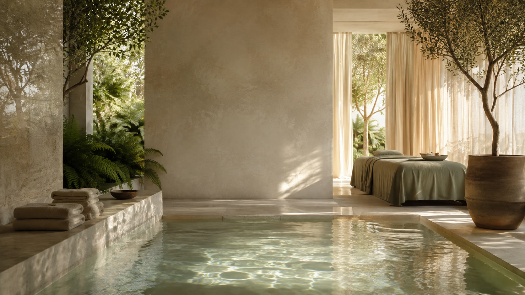 AI-created wellness sanctuary with warm light and a reflecting pool